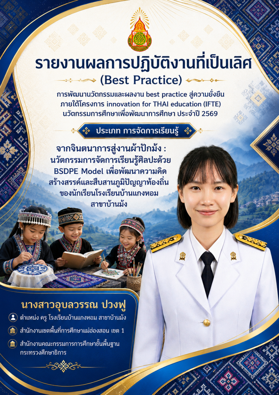 “จากจินตนาการสู่งานผ้าปักม้ง : นวัตกรรมการจัดการเรียนรู้ศิลปะด้วย BSDPE Model เพื่อพัฒนาความคิดสร้างสรรค์และสืบสานภูมิปัญญาท้องถิ่นของนักเรียนโรงเรียนบ้านแกงหอม สาขาบ้านม้ง”